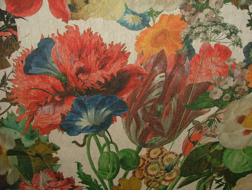Tulip Rose Hydrangea Vintage Linen Look Floral Fabric Curtain Cushion Upholstery