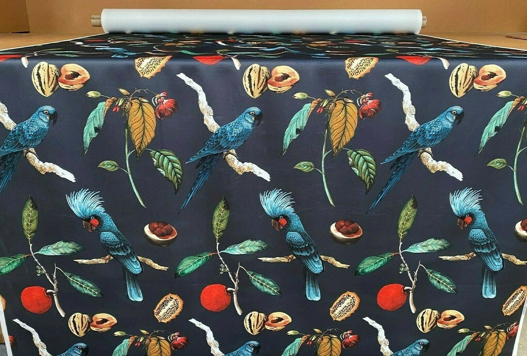 Cockatoo Ink Blue Plush Velvet Parrot Bird Fabric Curtain Upholstery Cushion