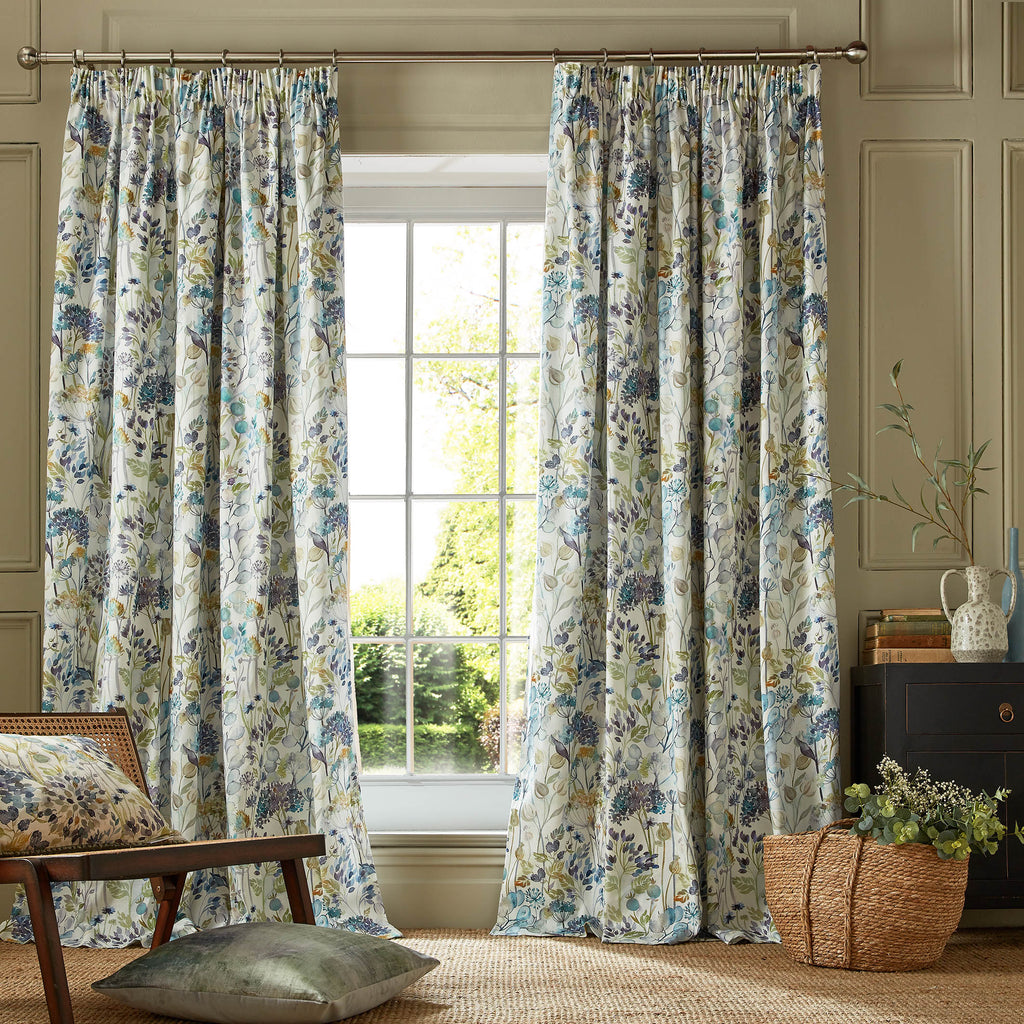 Country Hedgerow Sky Lined Pencil Pleat Ready Made Curtains By Voyage Maison